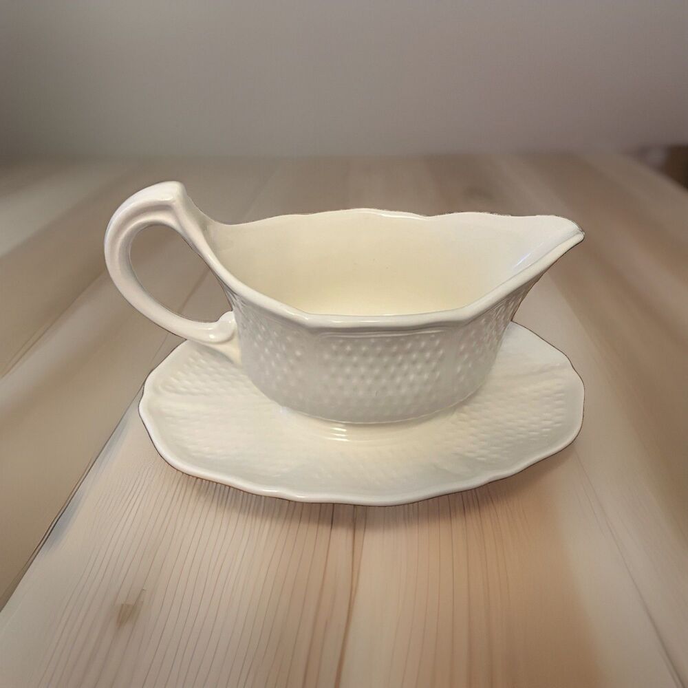 Modern Gien France "Pont aux Choux" White Gravy Boat with Attached Underplate